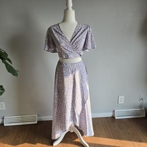 Light Purple Floral Print Wrap Midi Skirt Set